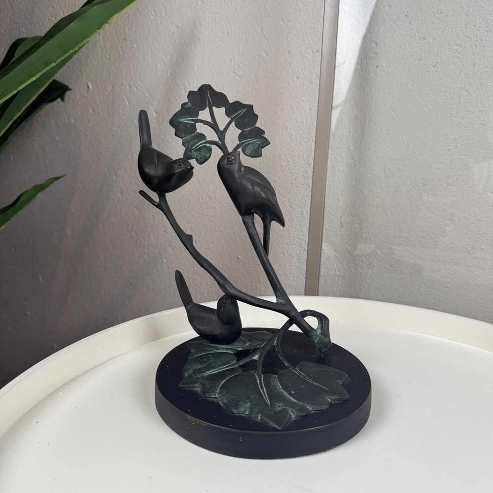 Vintage Bronze Bird on Branch Sculpture Home Decor Verdigris Patina Woodland